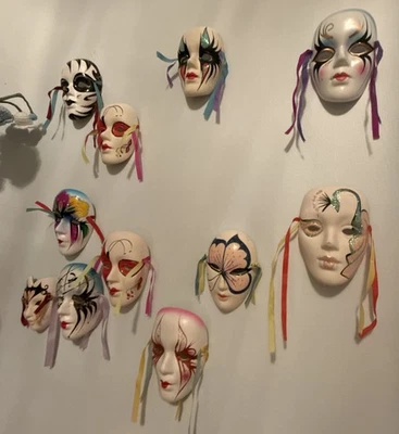 Lot Of 14 Decorative Ceramic Wall Masks Mini Colorful Ribbons - Image 1 of 4