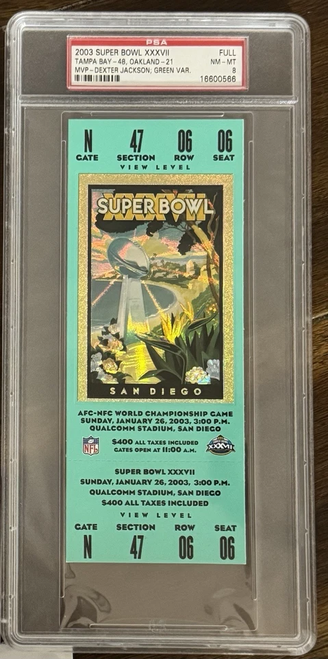 Boleto completo del Super Bowl 37 XXXVII 2003 PSA 8 casi como nuevo Green Buccaneers POP 43 Foto 1 de 1
