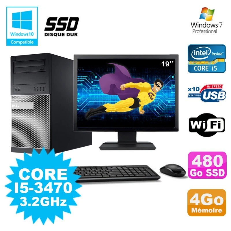 Lote PC tour DELL 7010 I5-3470 3.2Ghz 4Go 480Go SSD DVD Wifi Win 7 + Pantalla 19 - Imagen 1 de 1