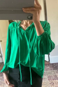 Wallis Green Jersey Frill Blouse Balloon Sleeve Boho Top size 12 - Picture 1 of 4