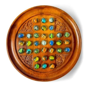 Marble Solitaire Board Game 9" Handmade Board with 33 Glass Marbles Gift Idea - Picture 1 of 6