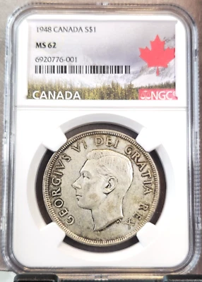 1948 CANADA SILVER DOLLAR S$1 GEORGE VI NGC MS 62 EXTREMELY RARE KEY DATE - Image 1 of 3