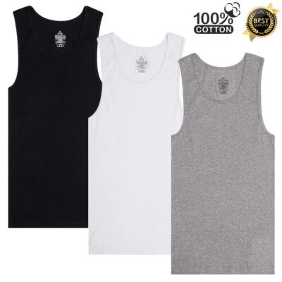 3-12 Pack Men 100% Cotton Tagless Ribbed Tank Top A-Shirt Wife Beater Undershirt - Image 1 of 4