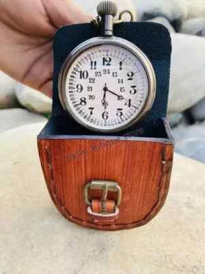 Reloj Bolsillo Aspecto Náutico Latón con Caja de Cuero Antiguo Negro Marino Regalo Foto 1 de 3