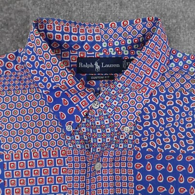 Ralph Lauren 衬衫男式 XL 蓝色红色花卉佩斯利定制合身纽扣 — 第 1/4 张图片