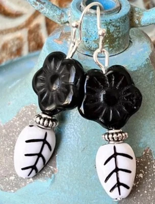 Etched Silver with Jet Black Flower and White Leaf Dangle Earrings. Bloom - Image 1 of 4