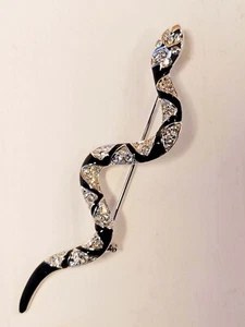 Vintage Snake-Shaped Silver Tone Black Enamel Rhinestone Brooch - Picture 1 of 4