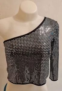 One Shoulder Top Size L Sequin Shirt Crop 3/4 Sleeve Stretchy Black - Picture 1 of 7