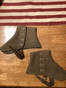 Vintage Used Wool & Leather Spats Brown Four Buttons Pair - Picture 1 of 7