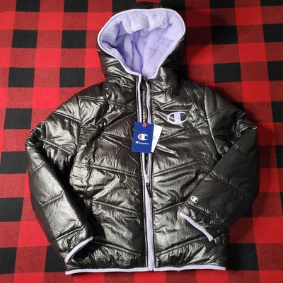 Champion - Abrigo acolchado de invierno para niñas - Con capucha - Negro brillo/púrpura Foto 1 de 4