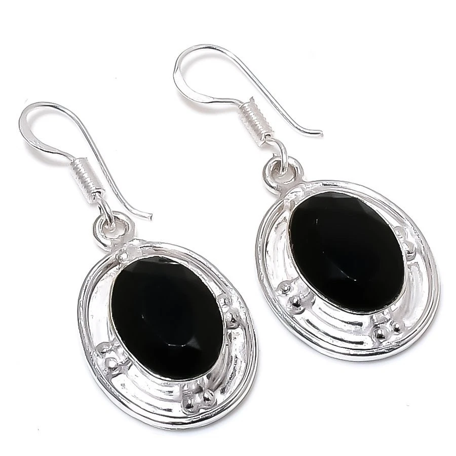 Black Spinel Gemstone Handmade 925 Sterling Silver Jewelry Earring Size 1.50" - Image 1 of 1
