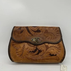 Vintage verzierte Leder Handtasche Clutch braun Western geschnitzt Blumen Boho - Bild 1 von 10