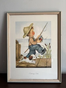 Adorable Vintage Eva Harta FISHING PALS Framed Print LITTLE BOY WITH DOG - Picture 1 of 6