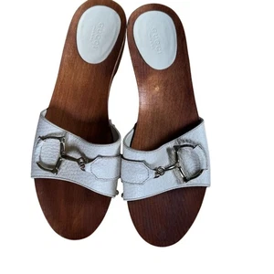 Gucci White Leather Horsebit Wooden Clogs Mules Size 9.5B - Picture 1 of 10