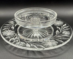 VINTAGE GESCHLIFFENES GLAS ODER KRISTALL SNACKSTÄNDER SCHALE KOMPOTT GEÄTZT BLUMENROLLE - Bild 1 von 18