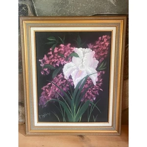 Hand Painted Purple/White Iris Flower Art.Canvas Framed&Signed 25"x21" P.Dobbins - Picture 1 of 12