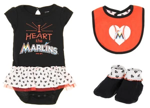 Outerstuff MLB Infant Miami Marlins Play With Heart Creeper, Bib & Bootie Set - Picture 1 of 7