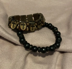 Set of 2 wooden designer bracelets. Beads On One And Crosses On The Other! - Picture 1 of 3