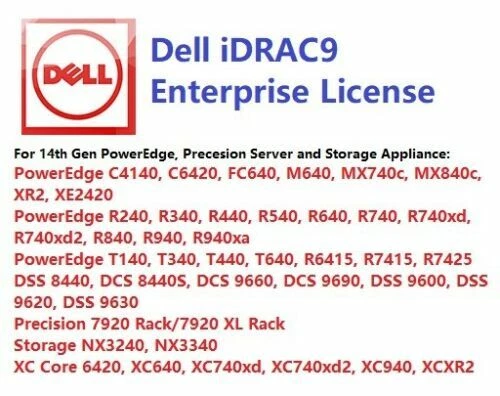 Dell iDRAC9 Enterprise License For 14G PowerEdge R640, R540, R440, R340, R240 - Image 1 of 1