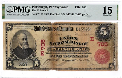 $5 1902 RS National PITTSBURGH Pennsylvania PA 🇺🇸 Discovery Note! 🇺🇸 PMG 15 - Image 1 of 2