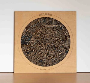 Paris Stadtplan aus Holz, Rund, Frankreich, Geschenkidee, Personalisierbar - Bild 1 von 3