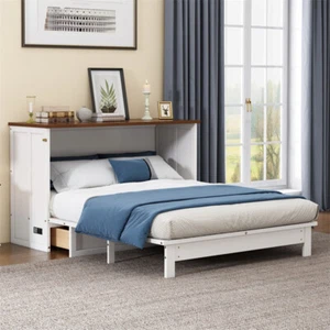 Queen Size Murphy Bed w/Charging Station & Drawer Murphy Wood Cabinet Furniture - Picture 1 of 14