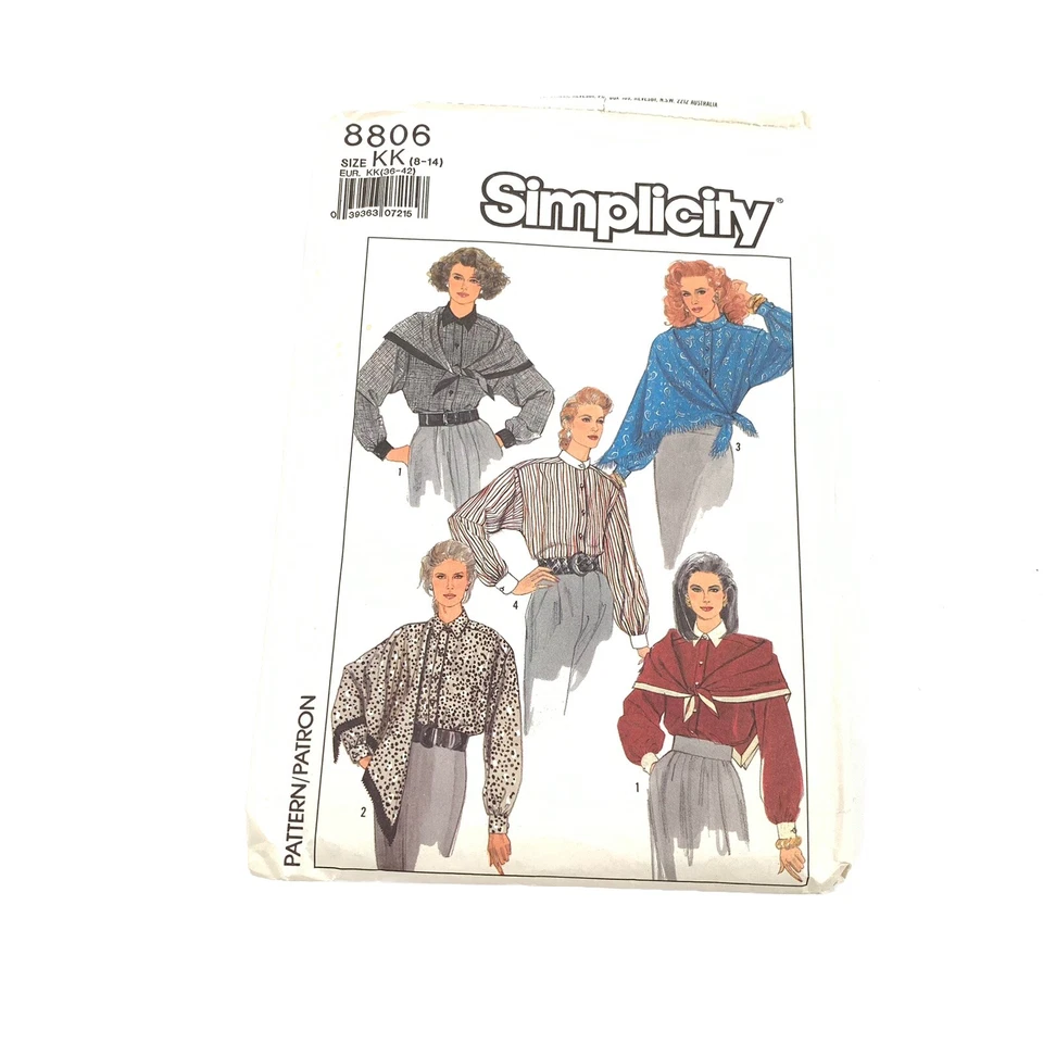 Blusas cachecol femininas vintage anos 1980 simplicidade padrões de costura 8806 tops KK 8-14 - Imagem 1 de 4