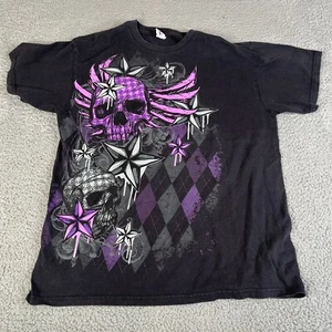 Vintage Skull T Shirt Mens Large Black Purple Graphic Argyle Short Sleeve  Y2K - Bild 1 von 14