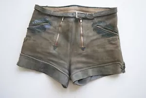 Kurze 60/70er Vintage Lederhose Doppelzipp Eichenlaub speckig grau Gr.54 - Bild 1 von 7