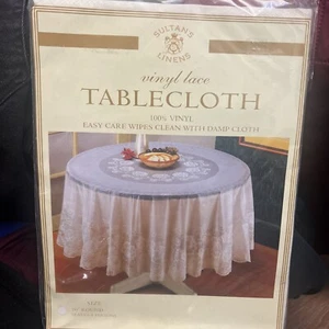 VINYL TABLECLOTH 70" Round Cream Floral Design Lace NEW UNOPENED WIPE CLEAN - Picture 1 of 9
