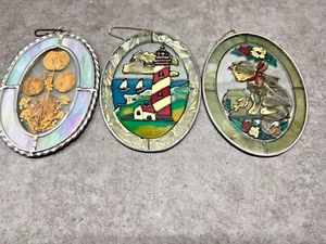 ๐ก Vintage Stained Glass Suncatcher Trio- Lighthouse, Cat, and Pressed Floral ๐ฟ - Picture 1 of 11