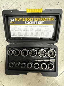 14PC Impact Bolt & Nut Remover Set Extractor Damaged Rusted Adapter Storage Case - Bild 1 von 2