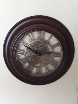 Shilime Quartz Wall Clock  12" Walnut Tone 7.5" Gold Gear Face Roman Numerals - Image 1 of 4