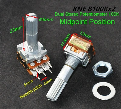 2x  Linear Dual Stereo Potentiometer 100K Midpoint Position B100K Shaft 25mm - Image 1 of 3