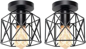 2 Pack Semi-Flush Mount Ceiling Light, Retro Black Industrial Ceiling Light - Bl - Picture 1 of 3
