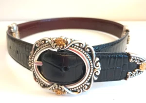Cinturón reversible de cuero Brighton marrón negro en relieve dorado y tono astilla pequeño - Imagen 1 de 5
