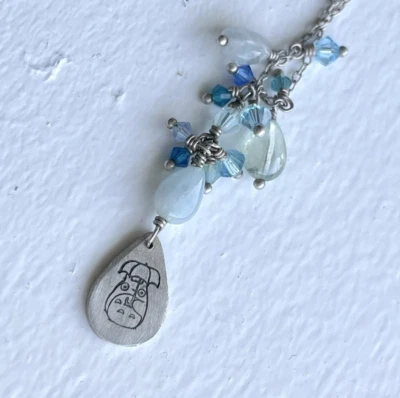 Sterling Silver Ghibli Totoro Umbrella Necklace Aquamarine Rain Blue Crystals - Image 1 of 4