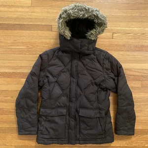 Lands' End Jacket Womens XS Petite Brown Quilted Down Faux Fur Hood Parka Zip - Picture 1 of 14