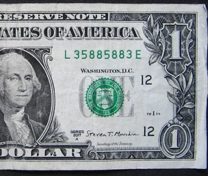 2017A $1 (ONE DOLLAR) - NOTE - FANCY SERIAL NUMBER - TRINARY, "3 588 588 3" - Picture 1 of 3