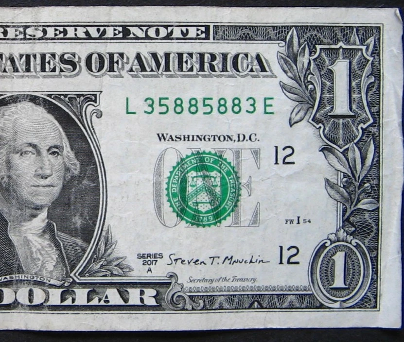 2017A $1 (ONE DOLLAR) - NOTE - FANCY SERIAL NUMBER - TRINARY, "3 588 588 3" - Image 1 of 3