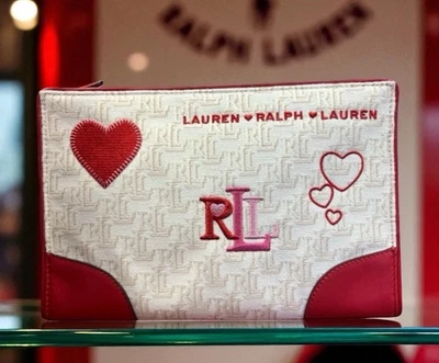Lauren Ralph Monogram Jacquard Embroidered Leather Trim Heart Large Wristlet - Image 1 of 4