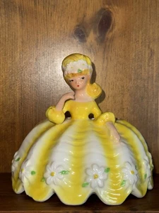 VINTAGE Lefton Figurine Girl Yellow Dress Pink Flowers Around Bottom Planter - Picture 1 of 18