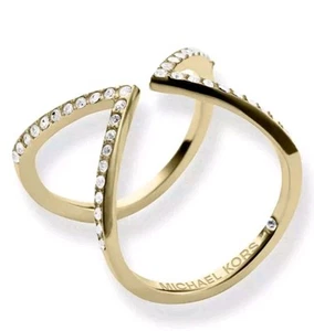 Anello freccia aperta pavè placcato oro brillante Michael Kors misura 8 nuovo - Foto 1 di 8
