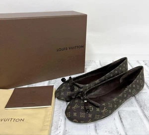 LOUIS VUITTON Flat Pumps Monogram Ribbon Ballet Shoes Brown WithBox Size38/US8 - Picture 1 of 24
