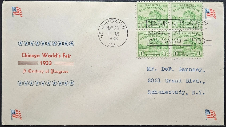 #728 Block 4 FDC Unknown 4 Flag And Text Cachet Chicago IL 1933 - Image 1 of 2