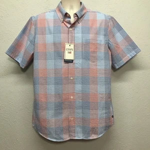 Chaps Button Hemd Herren L blau rot kariert Kurzarm Seacoast Wash Seersucker - Bild 1 von 12