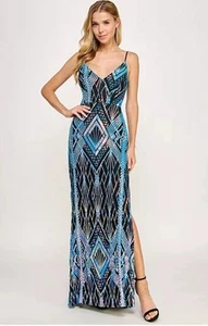 Smaragd Eisbecher Pailletten Design Seitenschlitz Kleid - Größe Small - Bild 1 von 11