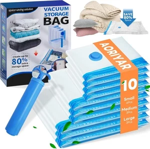 10 Pack Vacuum Storage Bags with Hand Pump, Compression for Clothes & Blankets - Picture 1 of 1