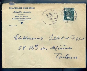 Marcophilie - Pub -  pharmacie moderne mireille lacaze à saint geniez d'olt 1 - Picture 1 of 1