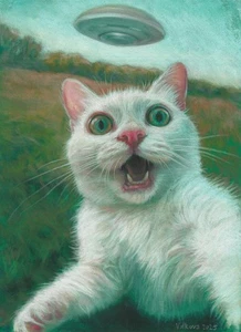 original drawing 21 x 30 cm 90VA artwork pastel modern cat and alien - Picture 1 of 4